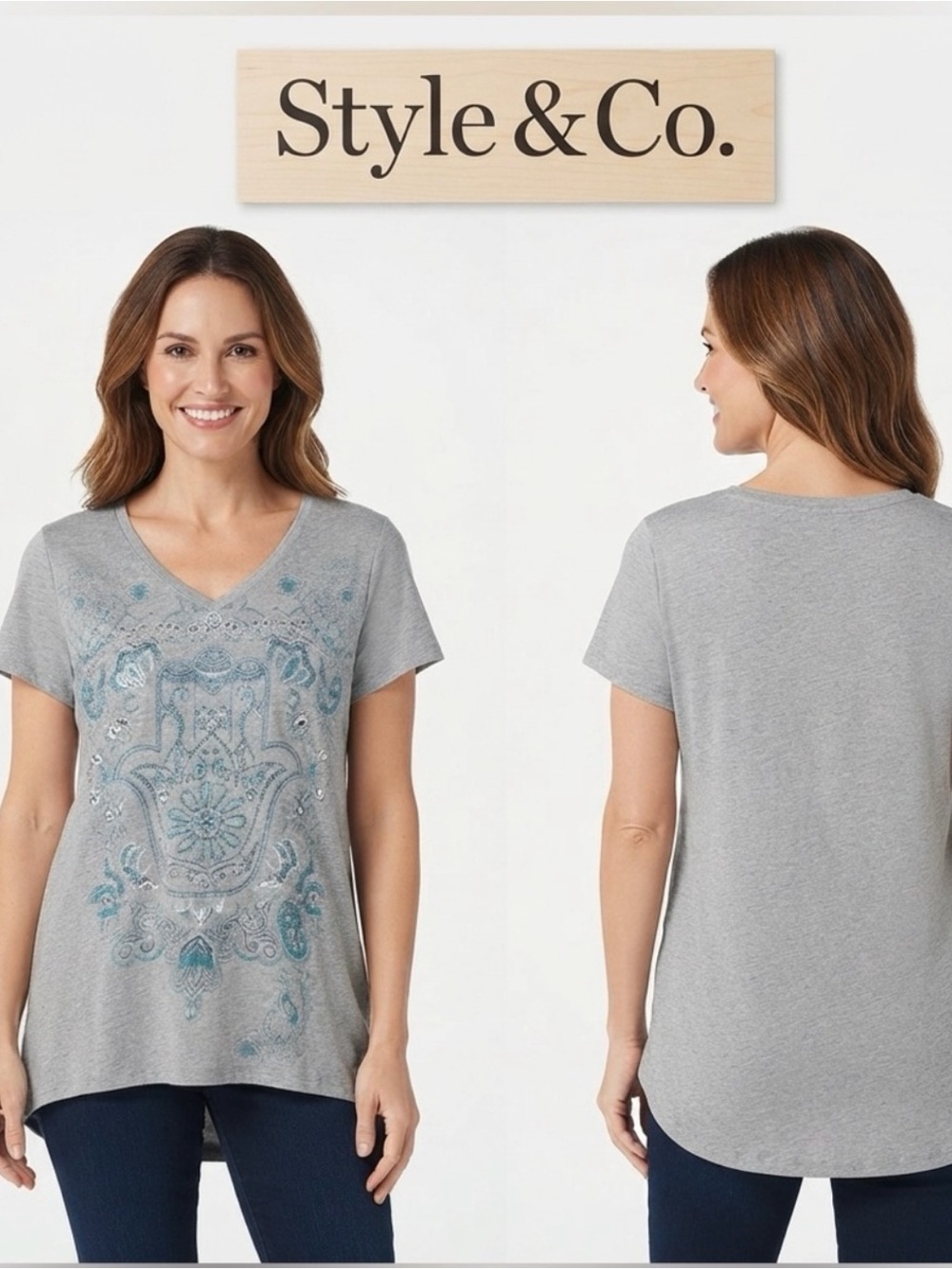 Style & Co Hamsa Gray V-Neck High Low Tee Medium